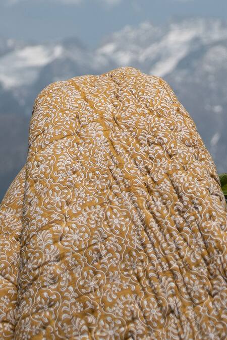 Raamae_Yellow 100% Cotton Hand Block Print Zaal Quilt_at_Aza_Fashions