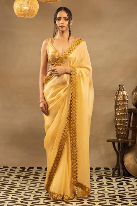 Classy modern off white and yellow color saree for Party look | Saree blouse  designs, Designer saree blouse patterns, Silk saree blouse designs