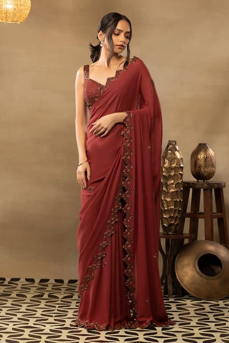 New Designer Wine Colour Saree with Contrast Blouse