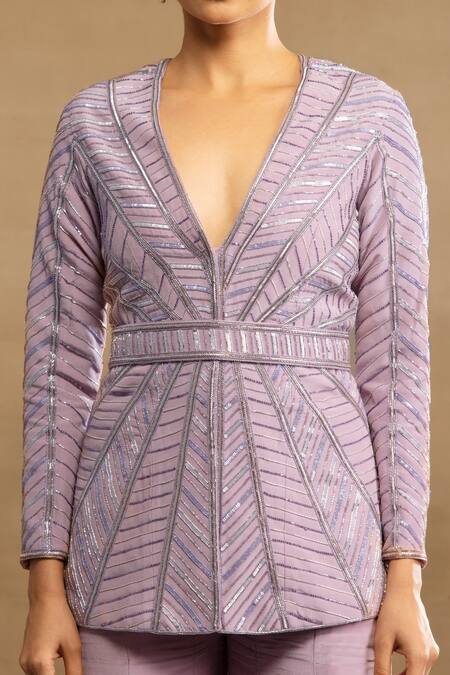 Isha & Shreya Purple Silk Crepe Sequins, Cut Dana Plunge Raina Embellished Jacket Sharara Set at Aza Fashions Isha & Shreya_Purple Silk Crepe Sequins, Cut Dana Plunge Raina Embellished Jacket Sharara Set_at_Aza_Fashions
