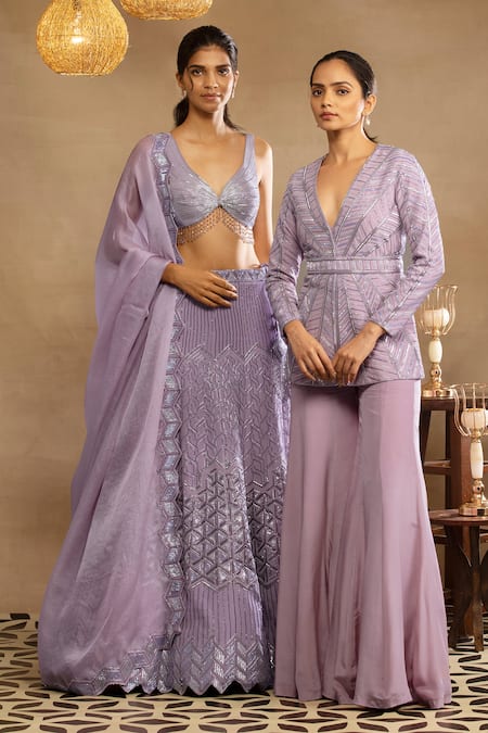 Shop Isha & Shreya Purple Silk Crepe Sequins, Cut Dana Plunge Raina Embellished Jacket Sharara Set Online at Aza Fashions Shop_Isha & Shreya_Purple Silk Crepe Sequins, Cut Dana Plunge Raina Embellished Jacket Sharara Set_Online_at_Aza_Fashions