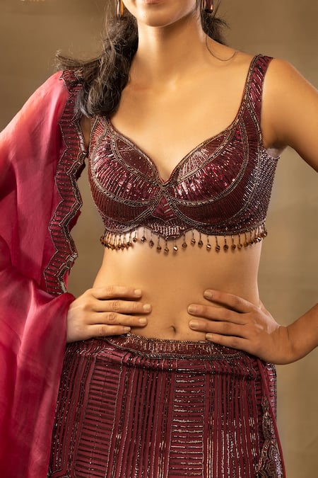 Isha & Shreya Red Silk Crepe, Dupatta Organza Sequins, Leila Embellished Bridal Lehenga Set at Aza Fashions Isha & Shreya_Red Silk Crepe, Dupatta Organza Sequins, Leila Embellished Bridal Lehenga Set_at_Aza_Fashions