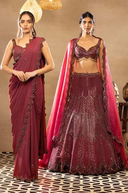 Isha & Shreya Red Silk Crepe, Dupatta Organza Sequins, Leila Embellished Bridal Lehenga Set Online at Aza Fashions Isha & Shreya_Red Silk Crepe, Dupatta Organza Sequins, Leila Embellished Bridal Lehenga Set_Online_at_Aza_Fashions