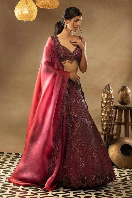 Shop Isha & Shreya Red Silk Crepe, Dupatta Organza Sequins, Leila Embellished Bridal Lehenga Set Online at Aza Fashions Shop_Isha & Shreya_Red Silk Crepe, Dupatta Organza Sequins, Leila Embellished Bridal Lehenga Set_Online_at_Aza_Fashions