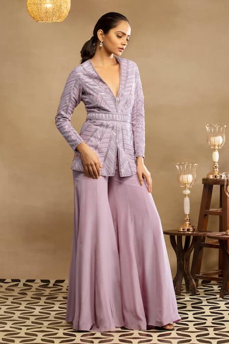Isha & Shreya Purple Silk Crepe Sequins, Cut Dana Plunge Raina Embellished Jacket Sharara Set Online at Aza Fashions Isha & Shreya_Purple Silk Crepe Sequins, Cut Dana Plunge Raina Embellished Jacket Sharara Set_Online_at_Aza_Fashions