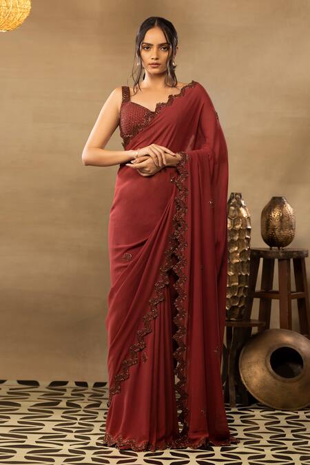 Wine Color Embroidered Traditional Saree