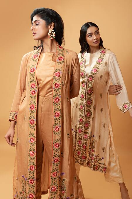 Quench A Thirst_Beige Chinnon, Modal Silk Floral, Paisley Jacket Open, With Embroidered _Online_at_Aza_Fashions