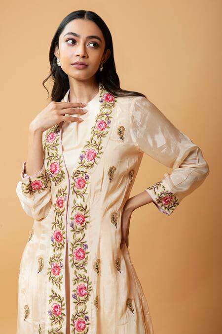 Buy_Quench A Thirst_Beige Chinnon, Modal Silk Floral, Paisley Jacket Open, With Embroidered _Online_at_Aza_Fashions