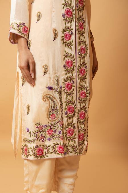 Shop_Quench A Thirst_Beige Chinnon, Modal Silk Floral, Paisley Jacket Open, With Embroidered _Online_at_Aza_Fashions