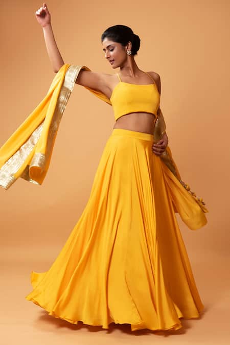 Quench A Thirst_Yellow Modal Silk Plain Scoop Neck Lehenga Set With Border Embroidered Dupatta _Online_at_Aza_Fashions