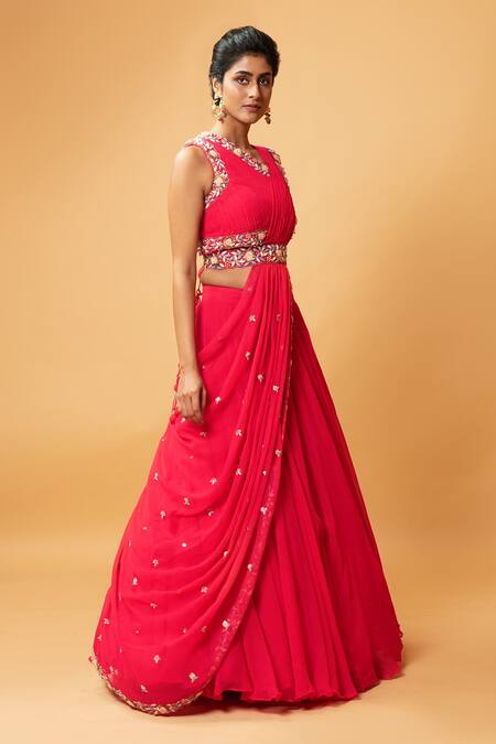 Quench A Thirst_Fuchsia Georgette Cutdana, Floral, Stone V Neck Draped Lehenga And Blouse Set _Online_at_Aza_Fashions