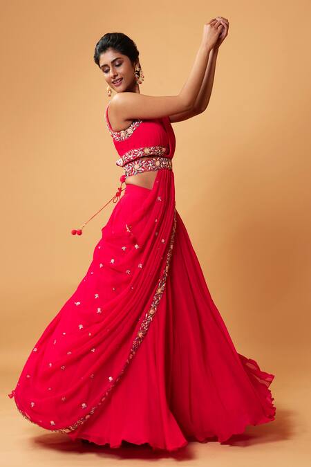 Buy_Quench A Thirst_Fuchsia Georgette Cutdana, Floral, Stone V Neck Draped Lehenga And Blouse Set _Online_at_Aza_Fashions