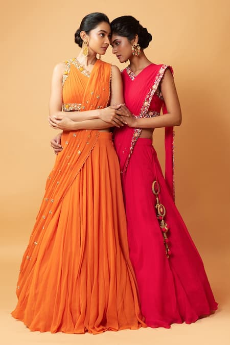 Shop_Quench A Thirst_Fuchsia Georgette Cutdana, Floral, Stone V Neck Draped Lehenga And Blouse Set _Online_at_Aza_Fashions