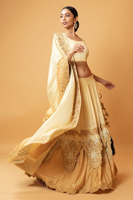 Quench A Thirst_Gold Crepe Cutdana, Floral, Zari Scoop Neck Embroidered Lehenga Set _Online_at_Aza_Fashions