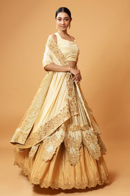 Buy_Quench A Thirst_Gold Crepe Cutdana, Floral, Zari Scoop Neck Embroidered Lehenga Set _Online_at_Aza_Fashions
