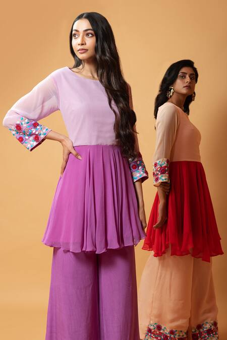 Shop_Quench A Thirst_Purple Crepe, Georgette Cutdana, Floral, Sleeve Embellished Kurta And Sharara Set _Online_at_Aza_Fashions