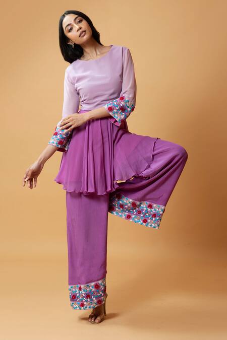 Quench A Thirst_Purple Crepe, Georgette Cutdana, Floral, Sleeve Embellished Kurta And Sharara Set _Online_at_Aza_Fashions