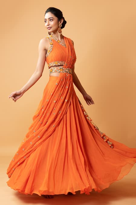 Quench A Thirst_Orange Georgette Cutdana, Floral, Stone V Neck Draped Lehenga And Blouse Set _Online_at_Aza_Fashions