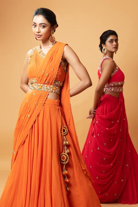 Buy_Quench A Thirst_Orange Georgette Cutdana, Floral, Stone V Neck Draped Lehenga And Blouse Set _Online_at_Aza_Fashions