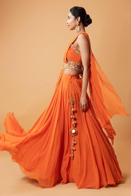 Shop_Quench A Thirst_Orange Georgette Cutdana, Floral, Stone V Neck Draped Lehenga And Blouse Set _Online_at_Aza_Fashions