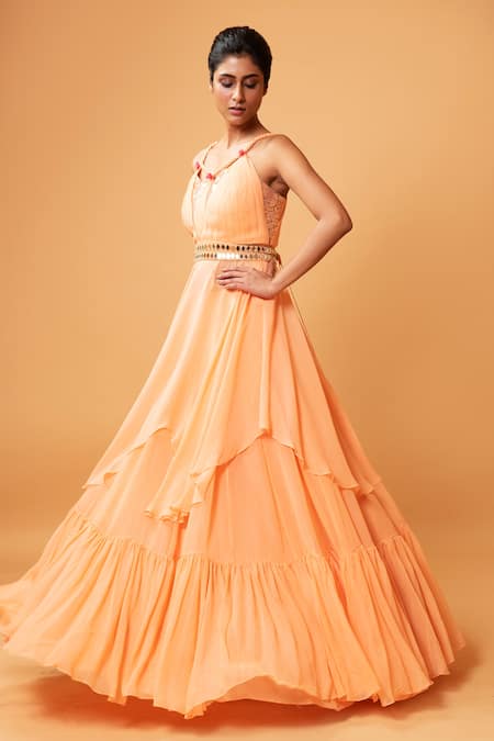 Quench A Thirst_Peach Georgette Sequin V Neck Draped Top And Lehenga Set _Online_at_Aza_Fashions