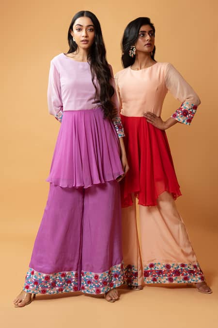 Quench A Thirst_Red Crepe, Georgette Cutdana, Floral, Sleeve Embroidered Kurta And Sharara Set _Online_at_Aza_Fashions