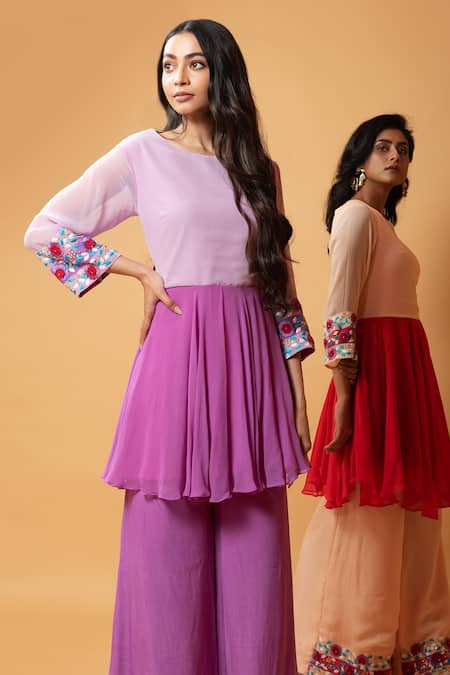 Buy_Quench A Thirst_Red Crepe, Georgette Cutdana, Floral, Sleeve Embroidered Kurta And Sharara Set _Online_at_Aza_Fashions
