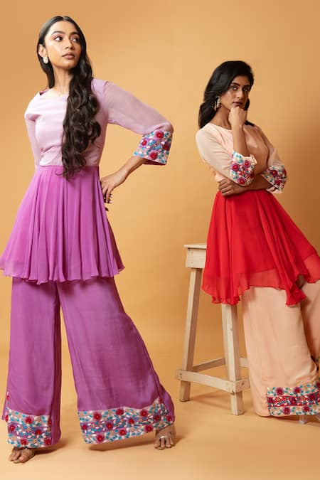 Shop_Quench A Thirst_Red Crepe, Georgette Cutdana, Floral, Sleeve Embroidered Kurta And Sharara Set _Online_at_Aza_Fashions