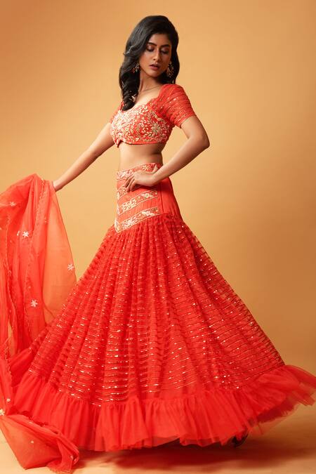 Quench A Thirst_Red Raw Silk, Organza, Soft Net Cutdana, Sequin, Stone, Embroidered Lehenga Set _Online_at_Aza_Fashions