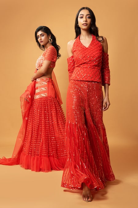 Buy_Quench A Thirst_Red Modal Net Sequin Halter Neck Embroidered Top And Sharara Set _Online_at_Aza_Fashions