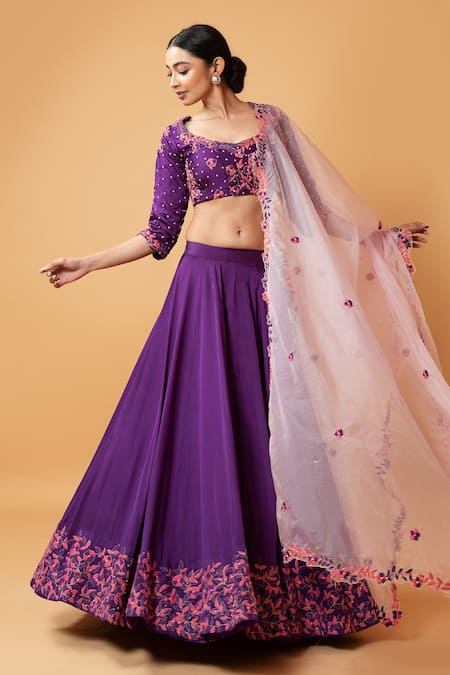 Quench A Thirst_Purple Modal Silk Floral, Moti, Zari Round Embroidered Lehenga Set _Online_at_Aza_Fashions