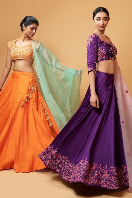 Buy_Quench A Thirst_Purple Modal Silk Floral, Moti, Zari Round Embroidered Lehenga Set _Online_at_Aza_Fashions