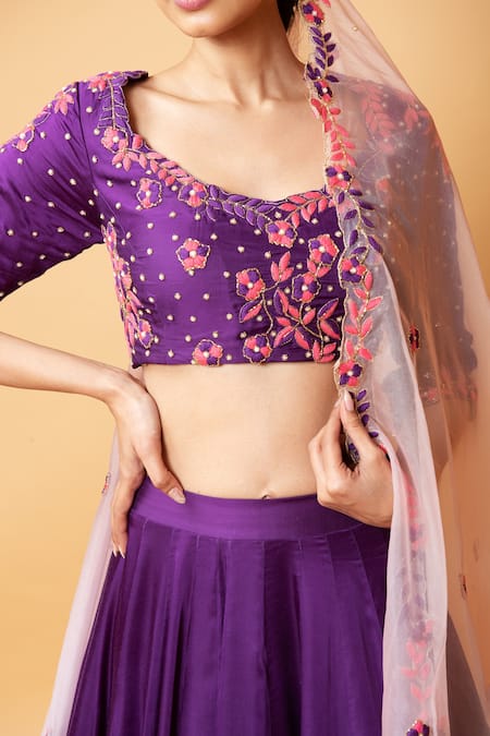 Shop_Quench A Thirst_Purple Modal Silk Floral, Moti, Zari Round Embroidered Lehenga Set _Online_at_Aza_Fashions