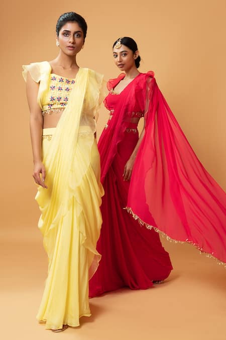 Shop_Quench A Thirst_Yellow Organza, Georgette Cutdana, Floral, Ruffle Pre-draped Saree With Blouse _at_Aza_Fashions