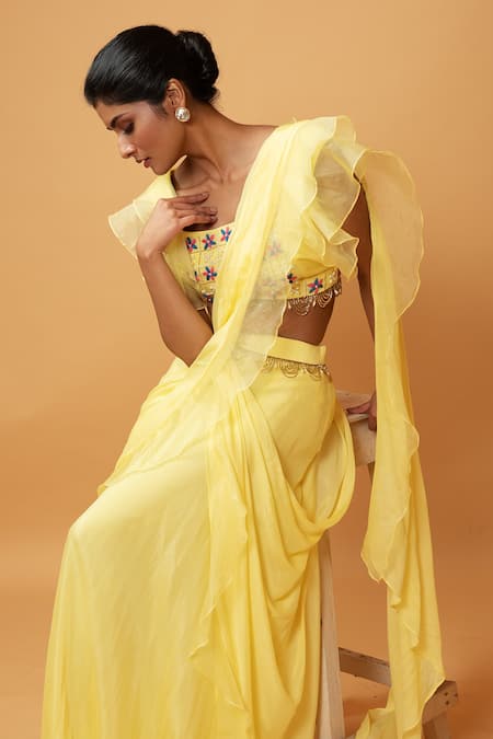 Quench A Thirst_Yellow Organza, Georgette Cutdana, Floral, Ruffle Pre-draped Saree With Blouse _Online_at_Aza_Fashions