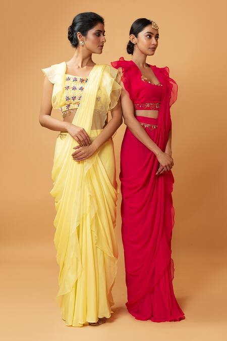 Buy_Quench A Thirst_Yellow Organza, Georgette Cutdana, Floral, Ruffle Pre-draped Saree With Blouse _Online_at_Aza_Fashions