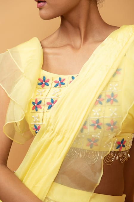 Shop_Quench A Thirst_Yellow Organza, Georgette Cutdana, Floral, Ruffle Pre-draped Saree With Blouse _Online_at_Aza_Fashions