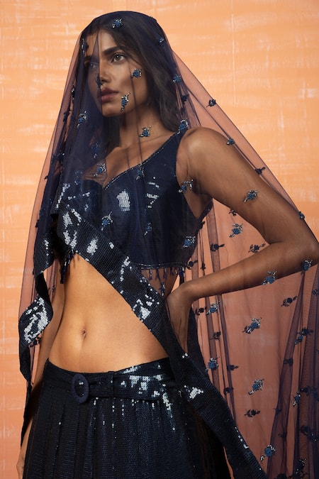 Quench A Thirst_Blue Georgette And Modal Silk Sequin Work Sweetheart Neck Lehenga Set _Online_at_Aza_Fashions