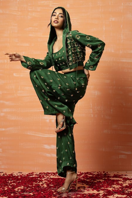 Buy_Quench A Thirst_Green Modal Silk Bead, Thread And Sequin Work Top Embroidered Hoodie Palazzo Set _Online_at_Aza_Fashions
