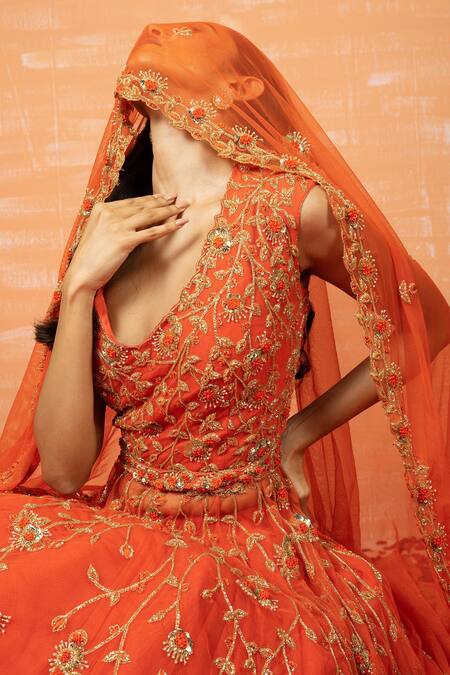 Quench A Thirst_Orange Soft Net Bead, Thread And Sequin Work V Embroidered Anarkali Lehenga Set _Online_at_Aza_Fashions