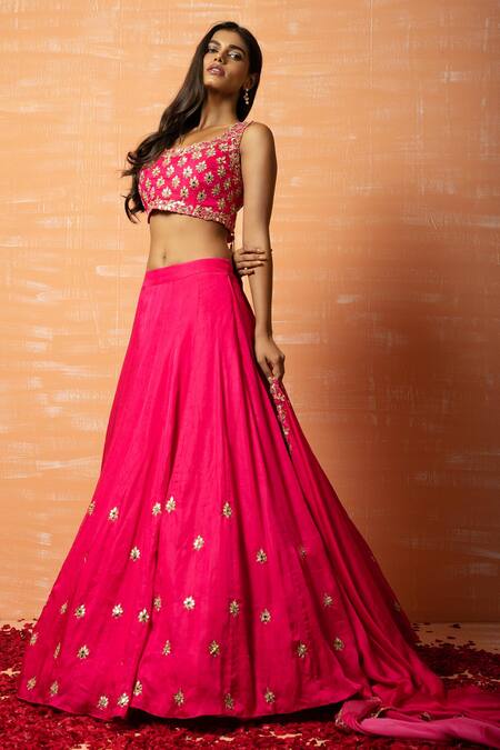 Quench A Thirst_Fuchsia Modal Silk, Dupatta Soft Net Mirror, Gota And Zari Work Deep Lehenga Set _Online_at_Aza_Fashions