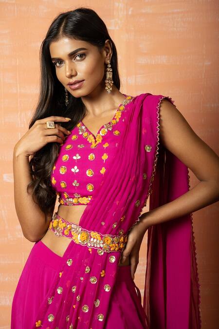 Buy_Quench A Thirst_Purple Georgette Thread, Gota And Zari Work V Neck Hand Pant Saree With Blouse _Online_at_Aza_Fashions