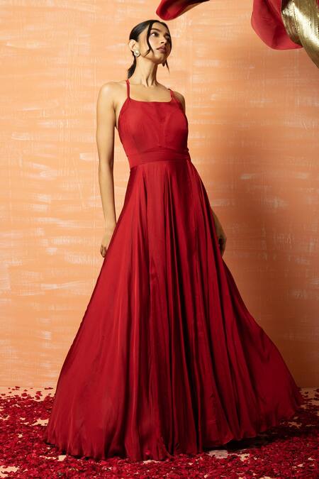 Quench A Thirst_Red Modal Silk Zari Work Square Neck Sleeveless Gown With Dupatta _Online_at_Aza_Fashions