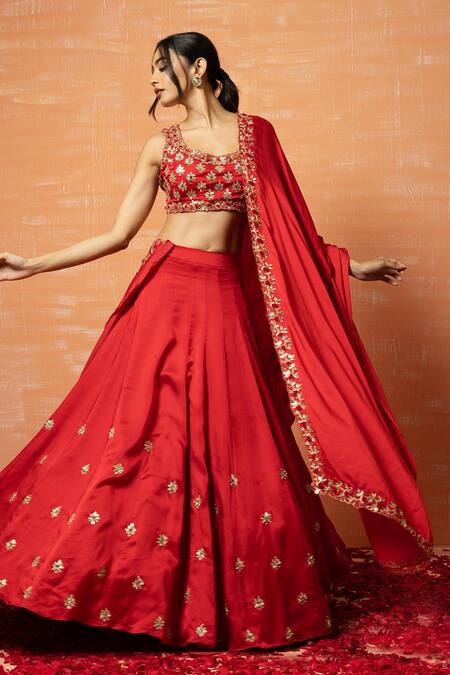 Quench A Thirst_Red Modal Silk, Dupatta Soft Net Mirror, Gota And Zari Work Deep U Lehenga Set _Online_at_Aza_Fashions