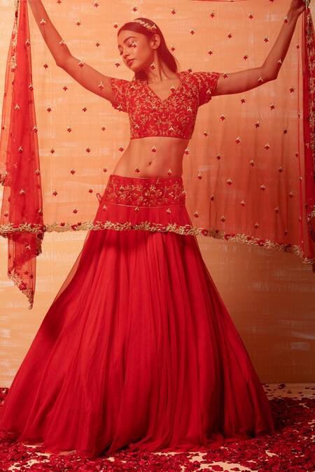 Quench A Thirst_Red Thread And Zari Work V Neck Lehenga Set _Online_at_Aza_Fashions