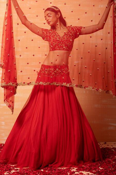 Shop_Quench A Thirst_Red Thread And Zari Work V Neck Lehenga Set _Online_at_Aza_Fashions
