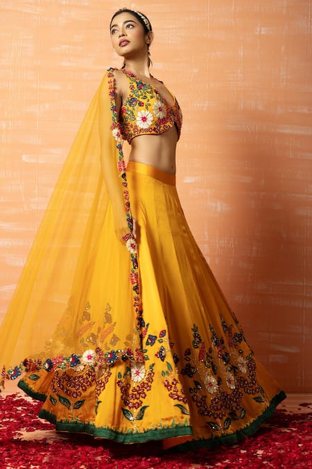 Quench A Thirst_Yellow Modal Silk, Dupatta Soft Net Sequin And Thread Work Applique Lehenga Set _Online_at_Aza_Fashions