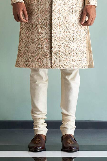 Shop_Qbik_Beige Sherwani Silk Kurta And Churidar Cotton Silk Stole Embroidered Set_Online_at_Aza_Fashions