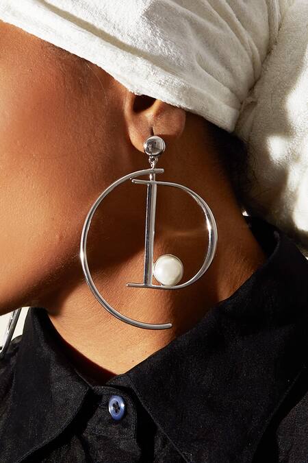 Shop_Quod_Silver Plated Pearl Monogram Hoops_Online_at_Aza_Fashions