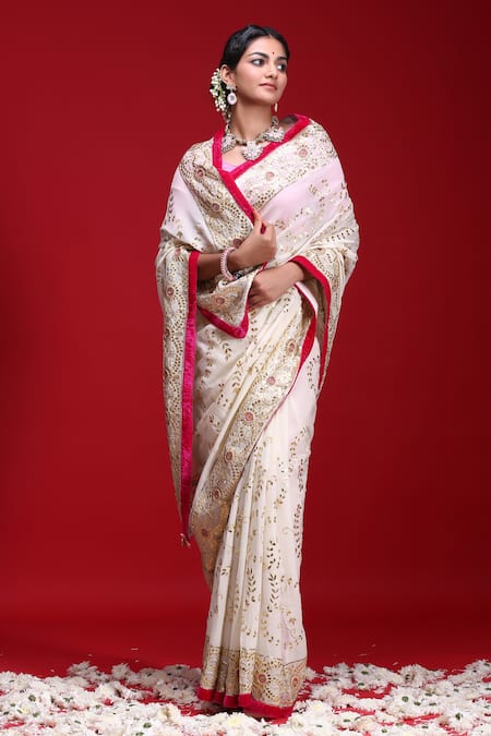 Shop Ruar India Beige Chiffon Gota Embroidered Saree With Blouse at Aza Fashions Shop_Ruar India_Beige Chiffon Gota Embroidered Saree With Blouse _at_Aza_Fashions